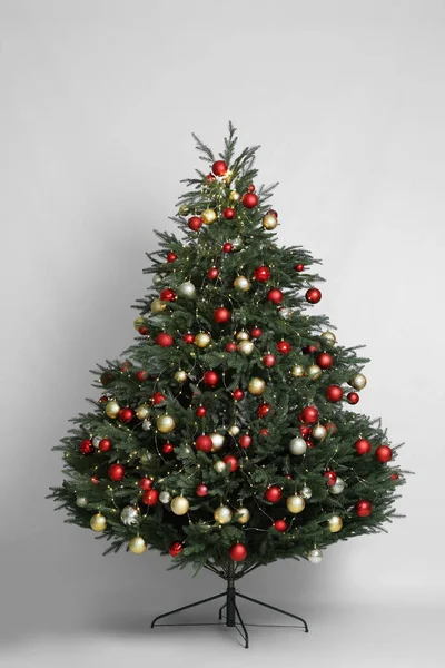 Beautiful Christmas Tree Shiny Baubles White Background — 图库照片