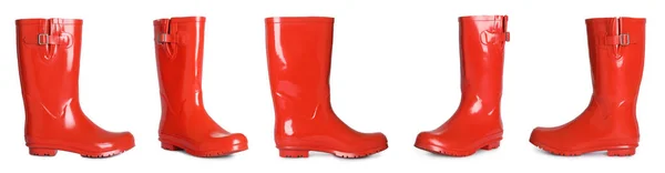 Set Con Botas Goma Roja Sobre Fondo Blanco Diseño Banner — Foto de Stock