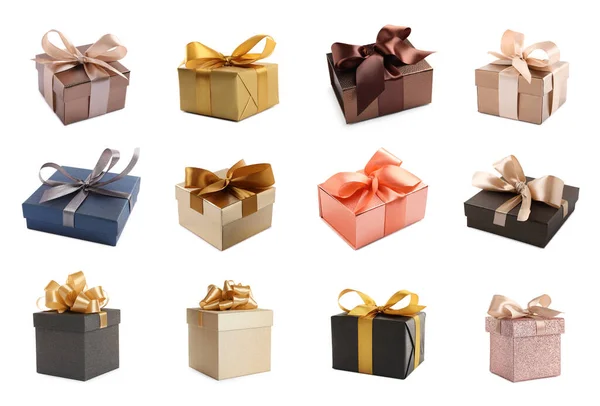 Set Beautiful Gift Boxes White Background — Fotografia de Stock