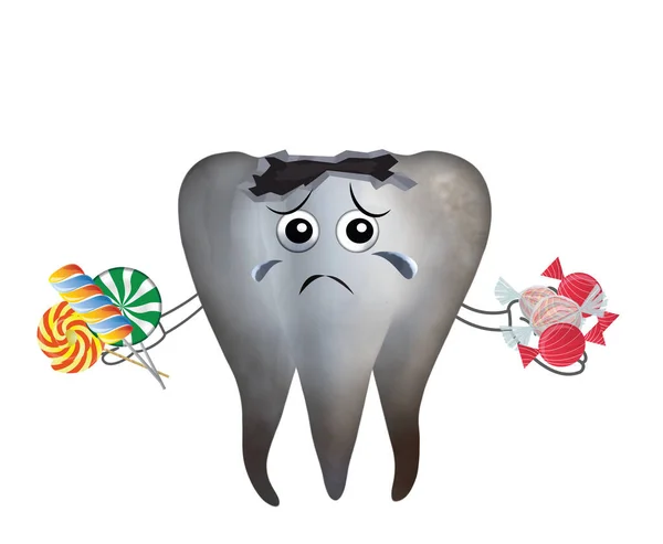 Unhealthy Tooth Sweets White Background Illustration Dental Problem — Φωτογραφία Αρχείου