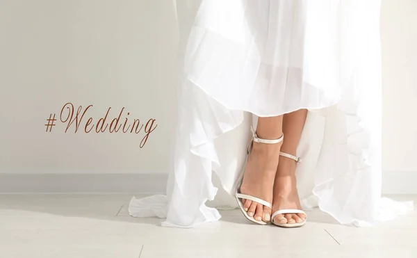 Hashtag Wedding Young Bride Wearing Beautiful Dress Light Wall Closeup — Stockfoto