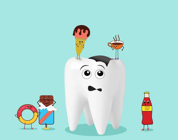 Здоровий Зуб Шкідливі Продукти Бірюзовому Тлі Ілюстрація Стоматологічна Проблема — стокове фото