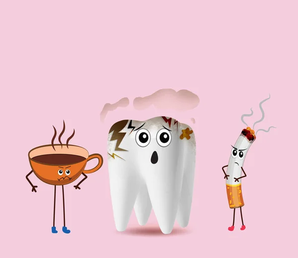 Unhealthy Tooth Cup Coffee Cigarette Pink Background Illustration Dental Problem — Stockfoto