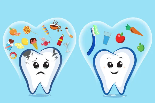 Здорові Нездорові Зуби Різні Продукти Бірюзовому Тлі Ілюстрація Стоматологічна Допомога — стокове фото