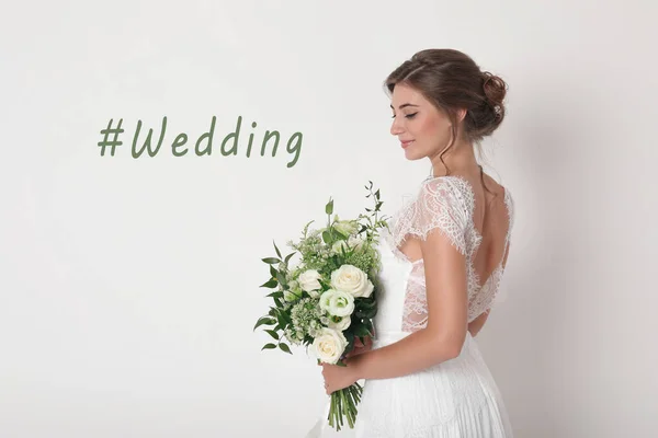 Young Bride Beautiful Bouquet Hashtag Wedding White Background — Zdjęcie stockowe