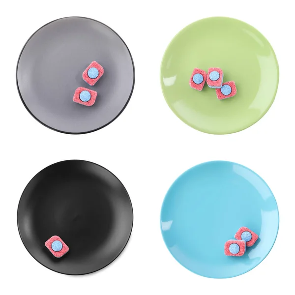 Clean Plates Dishwasher Detergent Tablets White Background Top View Collage — 스톡 사진