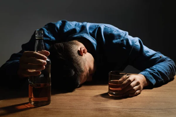 Addicted Man Alcoholic Drink Wooden Table Indoors Focus Hands — Stok fotoğraf