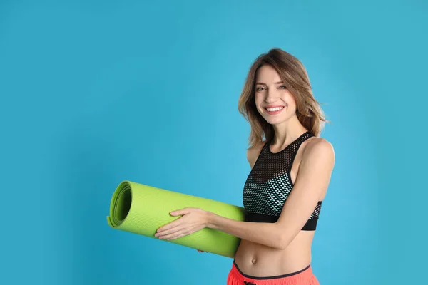 Beautiful Woman Yoga Mat Turquoise Background Space Text — Zdjęcie stockowe