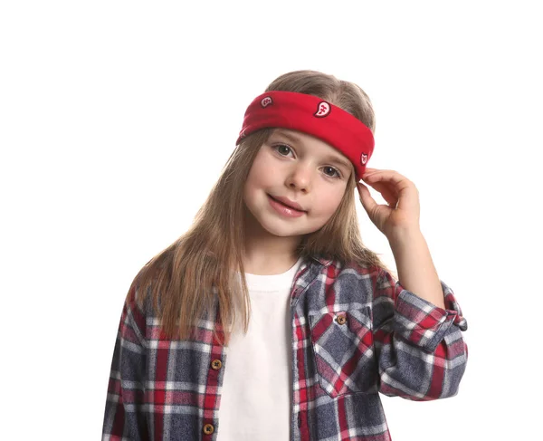 Cute Little Girl Wearing Stylish Bandana White Background — Zdjęcie stockowe