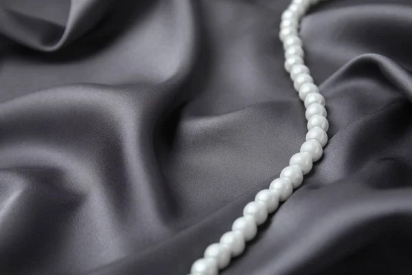 Beautiful Pearls Grey Silk Closeup Space Text — Fotografia de Stock