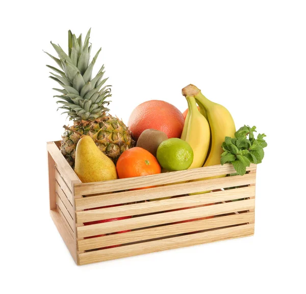 Caixa Madeira Com Frutas Maduras Diferentes Fundo Branco — Fotografia de Stock