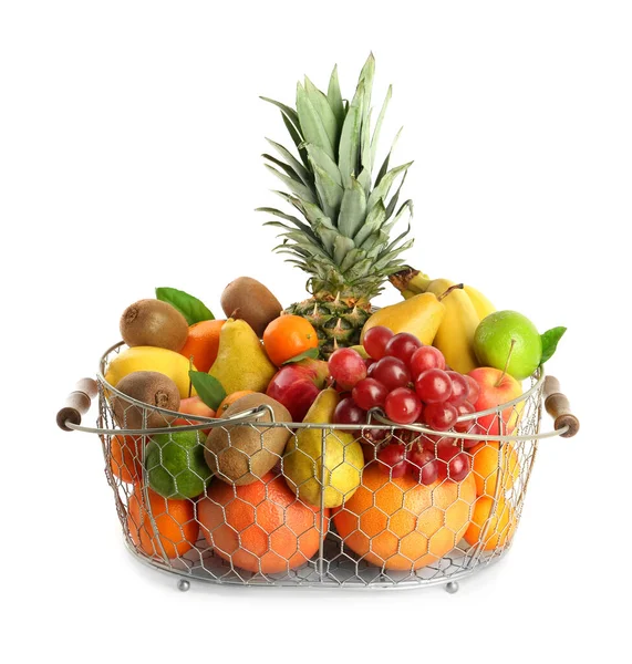 Cesta Metal Com Diferentes Frutas Frescas Isoladas Branco — Fotografia de Stock