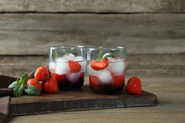 Delicious Cocktails Strawberries Mint Ice Balls Wooden Table — Stock Photo, Image