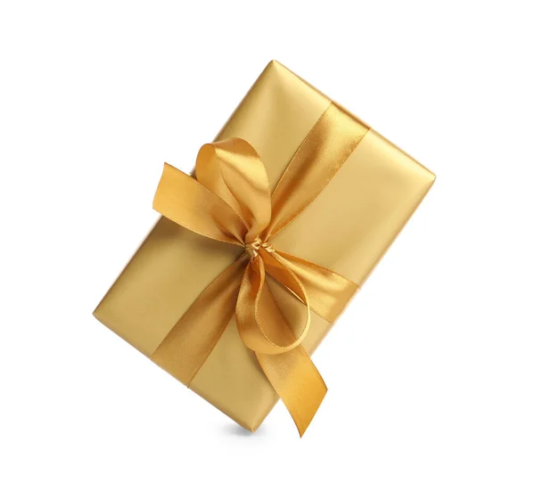 Подарункова Коробка Золотою Стрічкою Бантом Білому Тлі — стокове фото