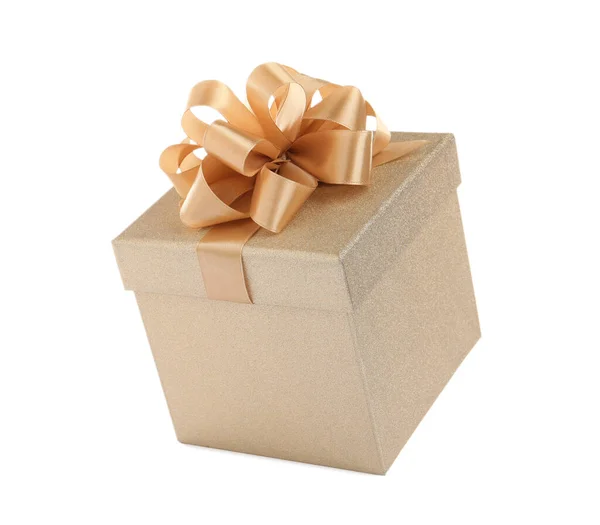 Beautiful Golden Gift Box White Background — Stock Photo, Image