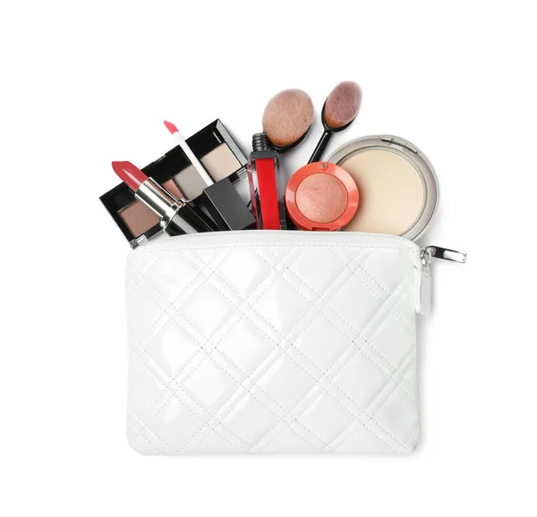 Elegante Borsa Cosmetica Con Prodotti Trucco Sfondo Bianco Vista Dall — Foto Stock