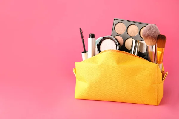 Cosmetic Bag Makeup Products Accessories Pink Background Space Text — Foto Stock