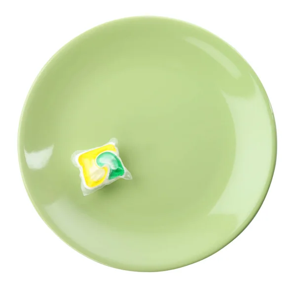 Green Plate Dishwasher Detergent Pod White Background Top View — Fotografia de Stock