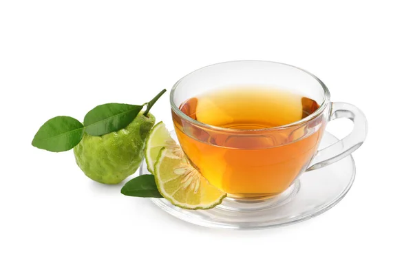 Glass Cup Tasty Bergamot Tea Fresh Fruits White Background — стоковое фото