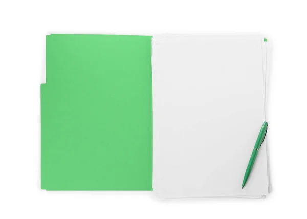 Light Green File Blank Sheets Paper Pen Isolated White Top — Stock fotografie