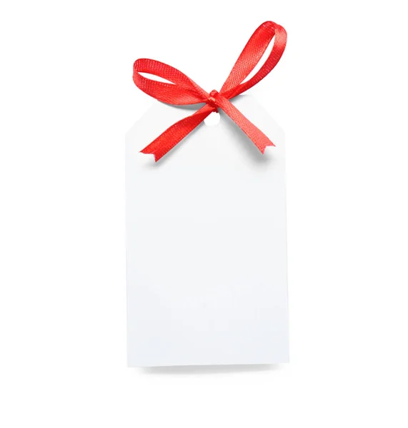 Blank Gift Tag Red Satin Ribbon White Background Top View — Stock Photo, Image