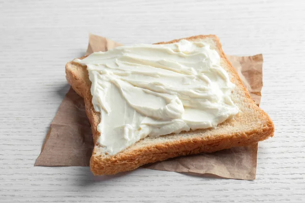 Slice Bread Tasty Cream Cheese White Wooden Table Closeup — Φωτογραφία Αρχείου