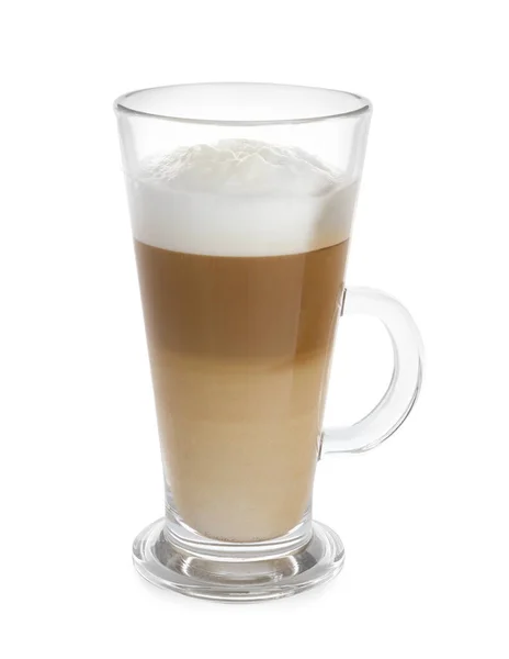 Copo Vidro Café Aromático Com Leite Isolado Branco — Fotografia de Stock