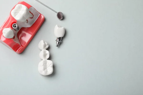 Educational Model Gum Post Teeth Dental Implant Mirror Grey Background — Stock Photo, Image