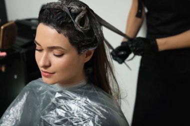Profesyonel kuaför. Güzellik salonunda müşterinin saçını boyuyor.