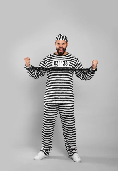 Emotional Prisoner Special Uniform Chained Hands Grey Background — Stockfoto
