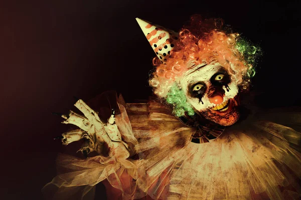 Terrifiant Clown Dans Obscurité Costume Fête Halloween — Photo