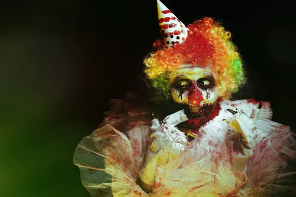 Payaso Aterrador Sobre Fondo Oscuro Espacio Para Texto Disfraz Fiesta — Foto de Stock