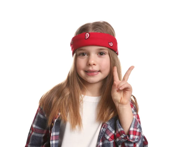 Cute Little Girl Wearing Stylish Bandana White Background — Zdjęcie stockowe