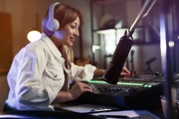 Woman Working Radio Host Modern Studio Focus Microphone Space Text — Zdjęcie stockowe