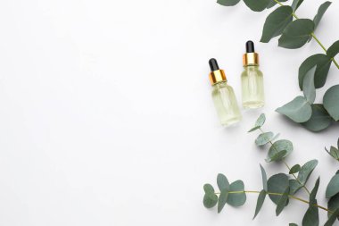 Bottles of eucalyptus essential oil and plant branches on white background, flat lay. Space for text