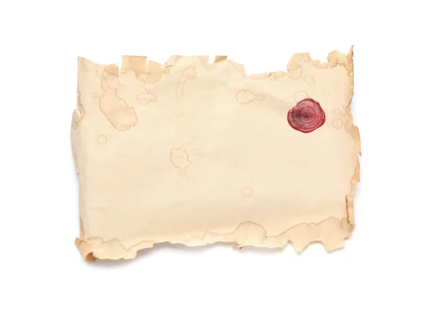 Arkusz Starego Papieru Pergaminowego Znaczkiem Woskowym Izolowanym Białym Górnym Widoku — Zdjęcie stockowe