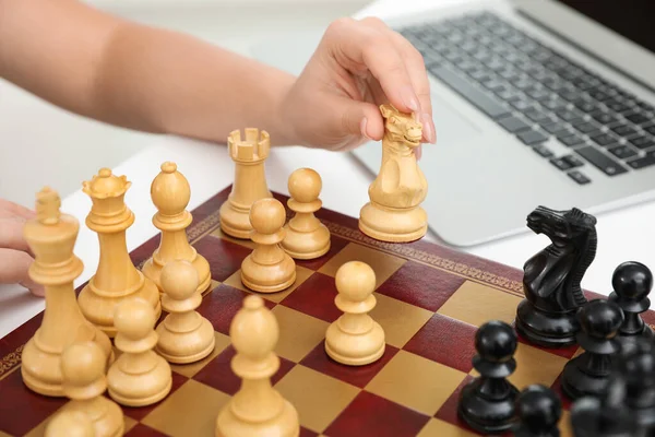 Woman Playing Chess Partner Online Video Chat White Table Closeup — Stockfoto