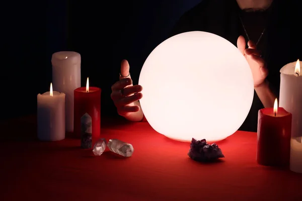 Soothsayer Using Glowing Crystal Ball Predict Future Table Darkness Closeup — Φωτογραφία Αρχείου