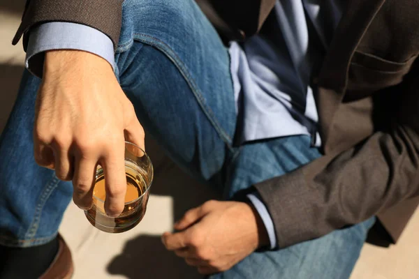 Addicted Man Glass Alcoholic Drink Sitting Floor Closeup — Foto Stock