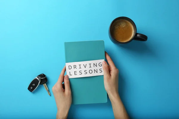 Woman Workbook Driving Lessons Light Blue Background Top View Passing — Stockfoto