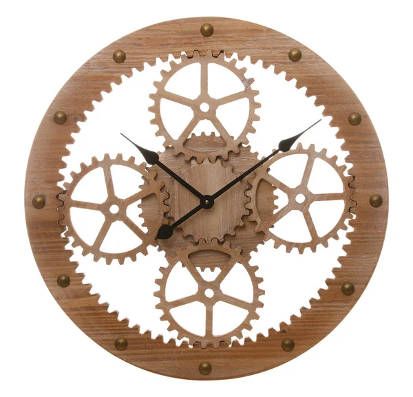 Stylowy Zegar Ścienny Drewnianymi Przekładniami Izolowanymi Biało — Zdjęcie stockowe
