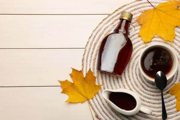 Flat Lay Composition Tasty Maple Syrup Dry Leaves White Wooden — Stock Fotó