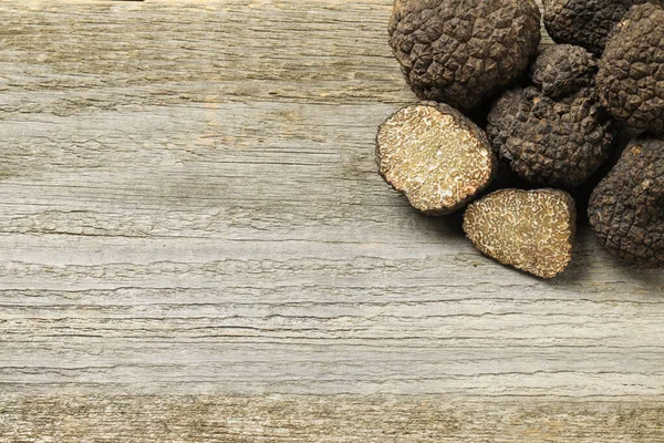 Black Truffles Wooden Table Flat Lay Space Text — Stock Photo, Image