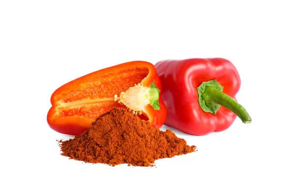 Fresh Bell Peppers Paprika Powder White Background — Stock Photo, Image