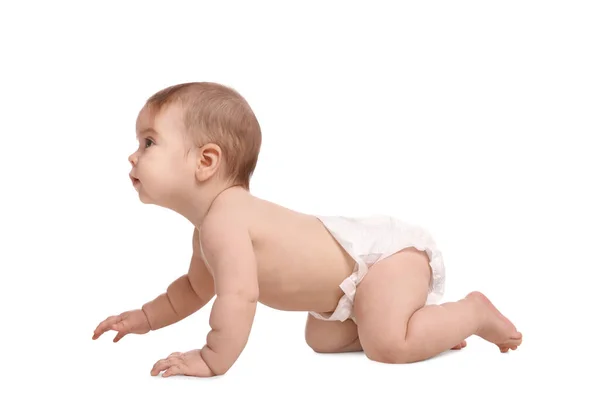 Lindo Bebé Pañal Arrastrándose Sobre Fondo Blanco — Foto de Stock