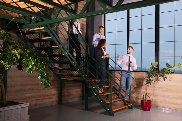 Group Coworkers Talking Coffee Break Stairs Office — Fotografia de Stock