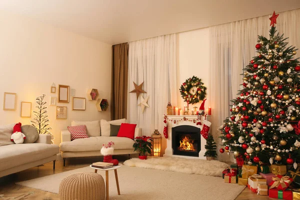 Festive Living Room Interior Christmas Tree Fireplace — Stockfoto