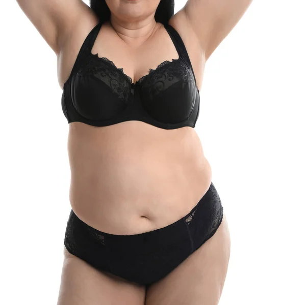 Übergewichtige Frau Schwarzer Unterwäsche Auf Weißem Hintergrund Nahaufnahme Size Modell — Stockfoto