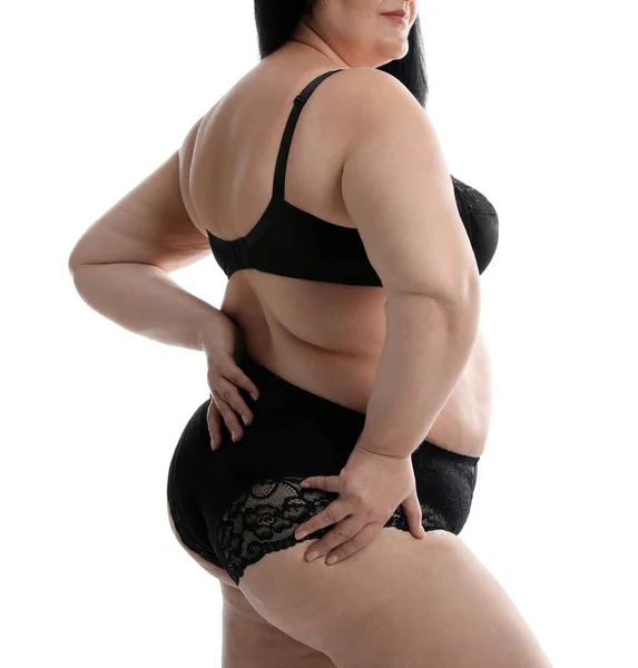 Übergewichtige Frau Schwarzer Unterwäsche Auf Weißem Hintergrund Nahaufnahme Size Modell — Stockfoto