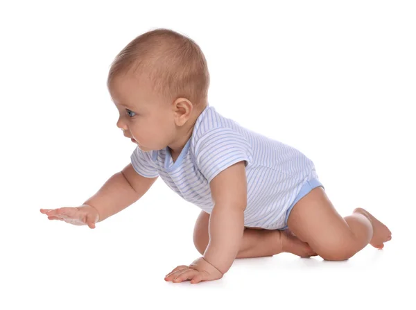 Bonito Pouco Bebê Menino Rastejando Branco Fundo — Fotografia de Stock